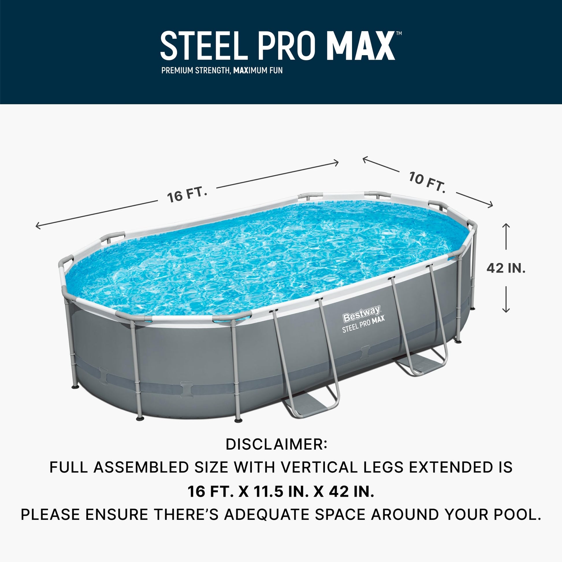 Bestway Steel Pro MAX 16' x 10' x 42" Above Ground Pool, Oval Metal Frame Outdoor Swimming Pool