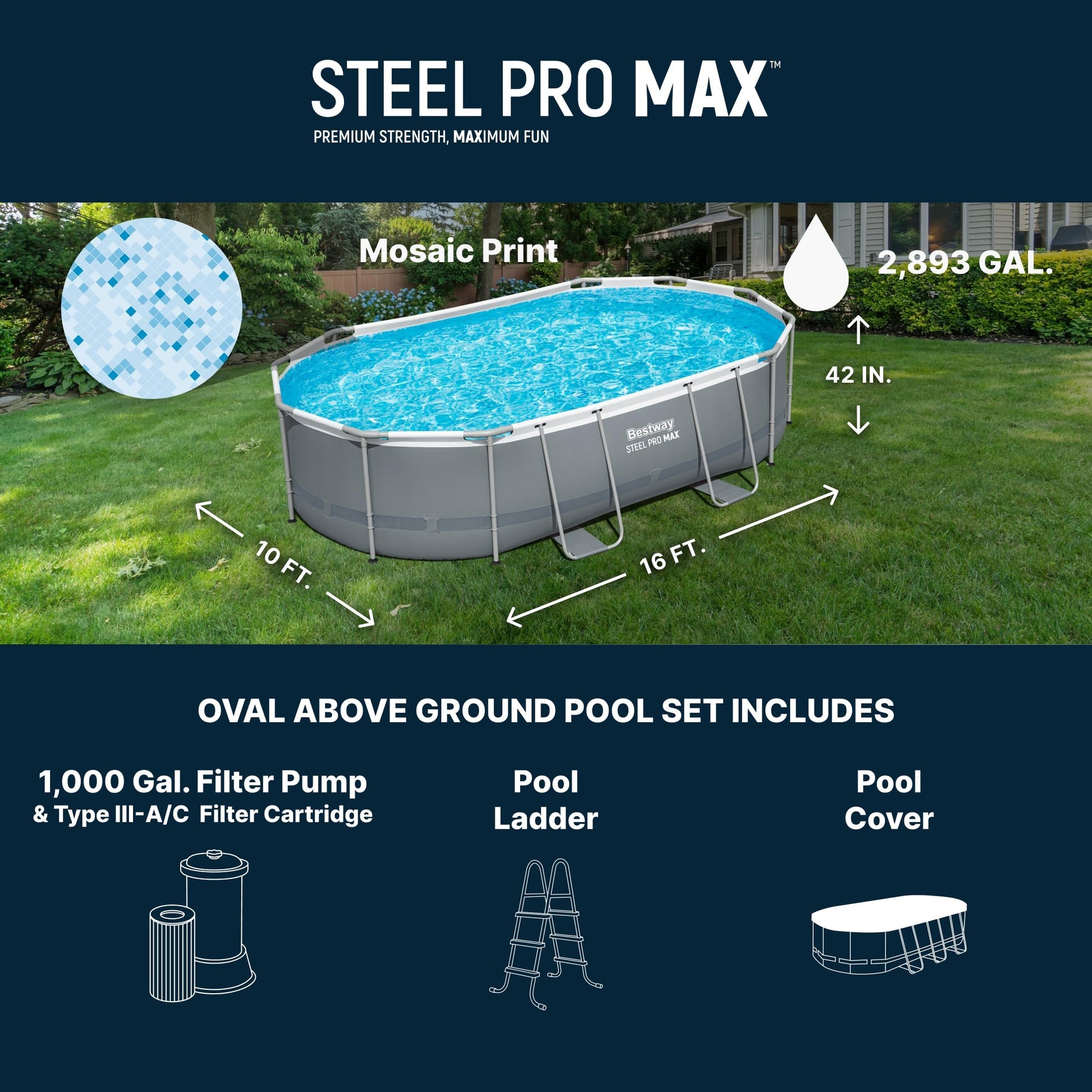 Bestway Steel Pro MAX 16' x 10' x 42" Above Ground Pool, Oval Metal Frame Outdoor Swimming Pool