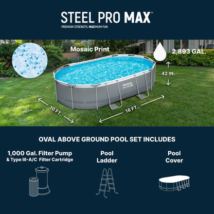 Bestway Steel Pro MAX 16' x 10' x 42" Above Ground Pool, Oval Metal Frame Outdoor Swimming Pool