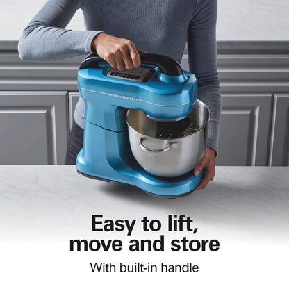 Hamilton Beach Electric Stand Mixer, 4 Quarts, Dough Hook, Flat Beater Attachments, Splash Guard, 7 Speeds with Whisk, Easy-Carry Top Handle, Blue