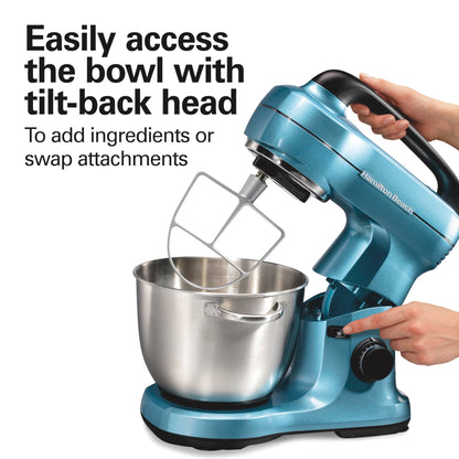 Hamilton Beach Electric Stand Mixer, 4 Quarts, Dough Hook, Flat Beater Attachments, Splash Guard, 7 Speeds with Whisk, Easy-Carry Top Handle, Blue